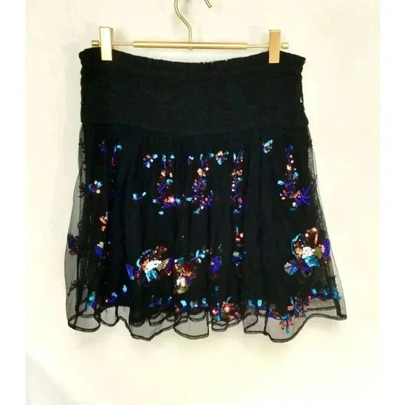 Anthropologie Womens Size XS Sequin Mini Skirt Black Tulle Embroidered Flowy - Picture 3 of 11